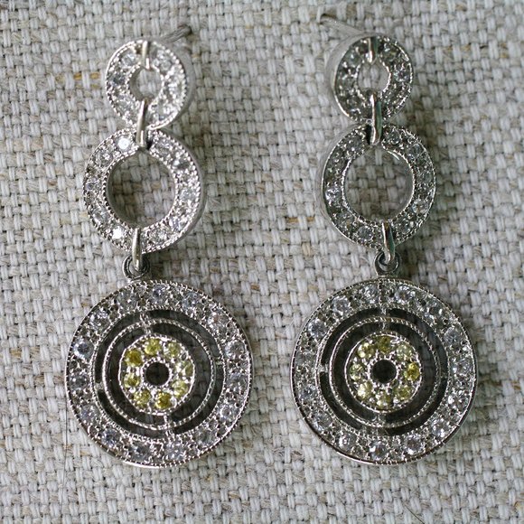 Rhinestone Costume Silver Toned Dangle Earrings - Picture 1 of 2